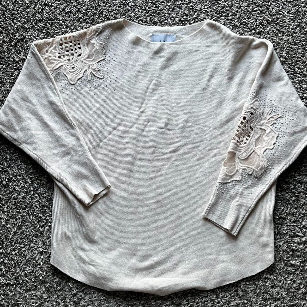 Cream LIV Milano Long Sleeve Top Small Rhinestones Lace Luxury Coquette Romantic
